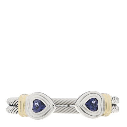 David Yurman Sterling Silver 14K Yellow Gold Iolite Heart Double Cable Cuff Bracelet 1 of 4