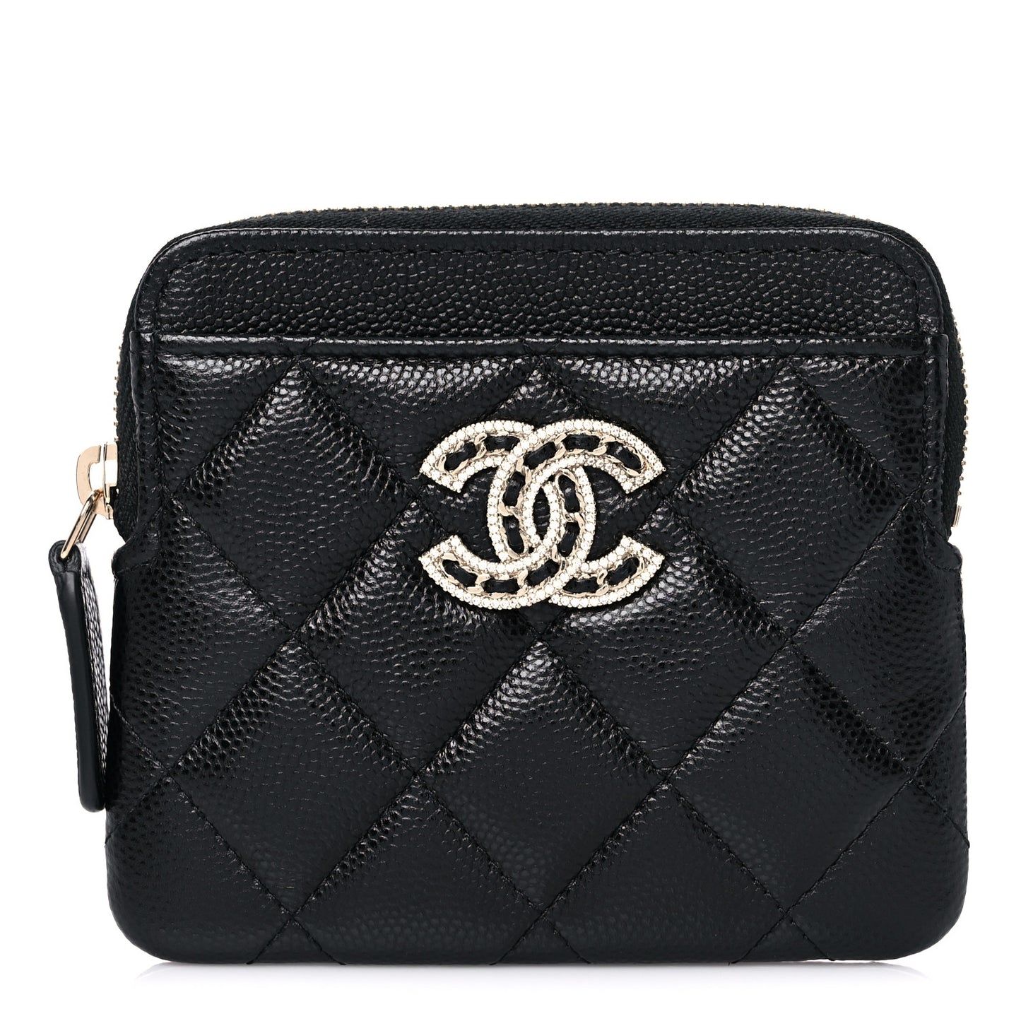 Caviar Quilted Crystal Zip Card Holder Wallet Black