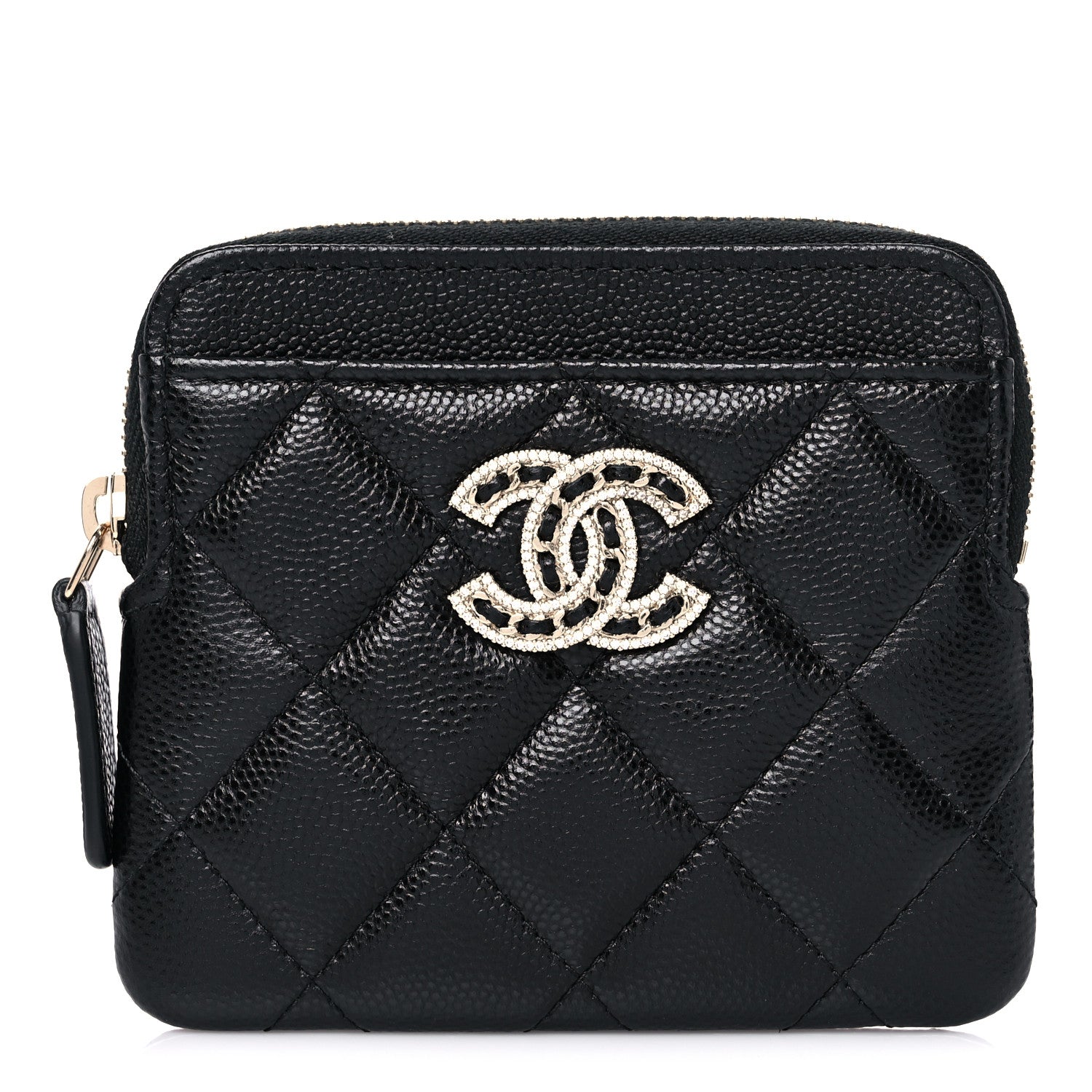 Chanel Caviar Quilted Crystal Zip Card Holder Wallet Black 1 of 8