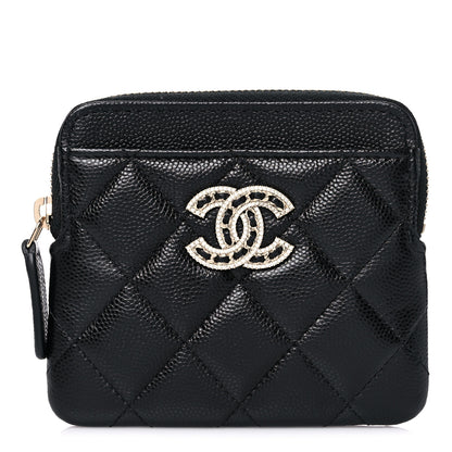 Chanel Caviar Quilted Crystal Zip Card Holder Wallet Black 1 of 8