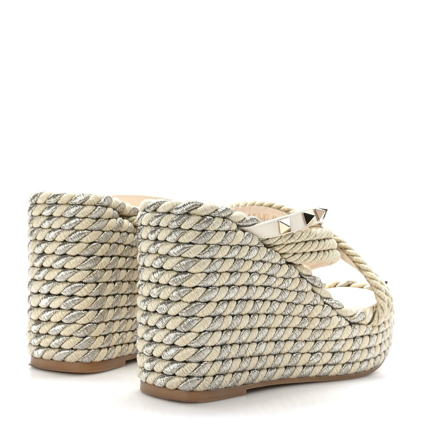 Calfskin Silk Rockstud Torchon Espadrille Wedge 25/95mm Slide Sandals 35 Light Ivory