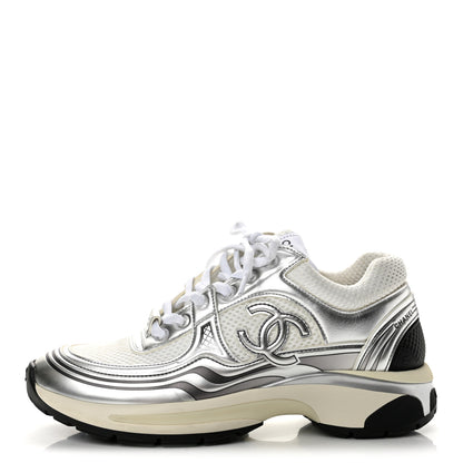 Chanel Fabric Laminated Calfskin Stretch CC Sneakers 36.5 White Gold Silver 1 of 9