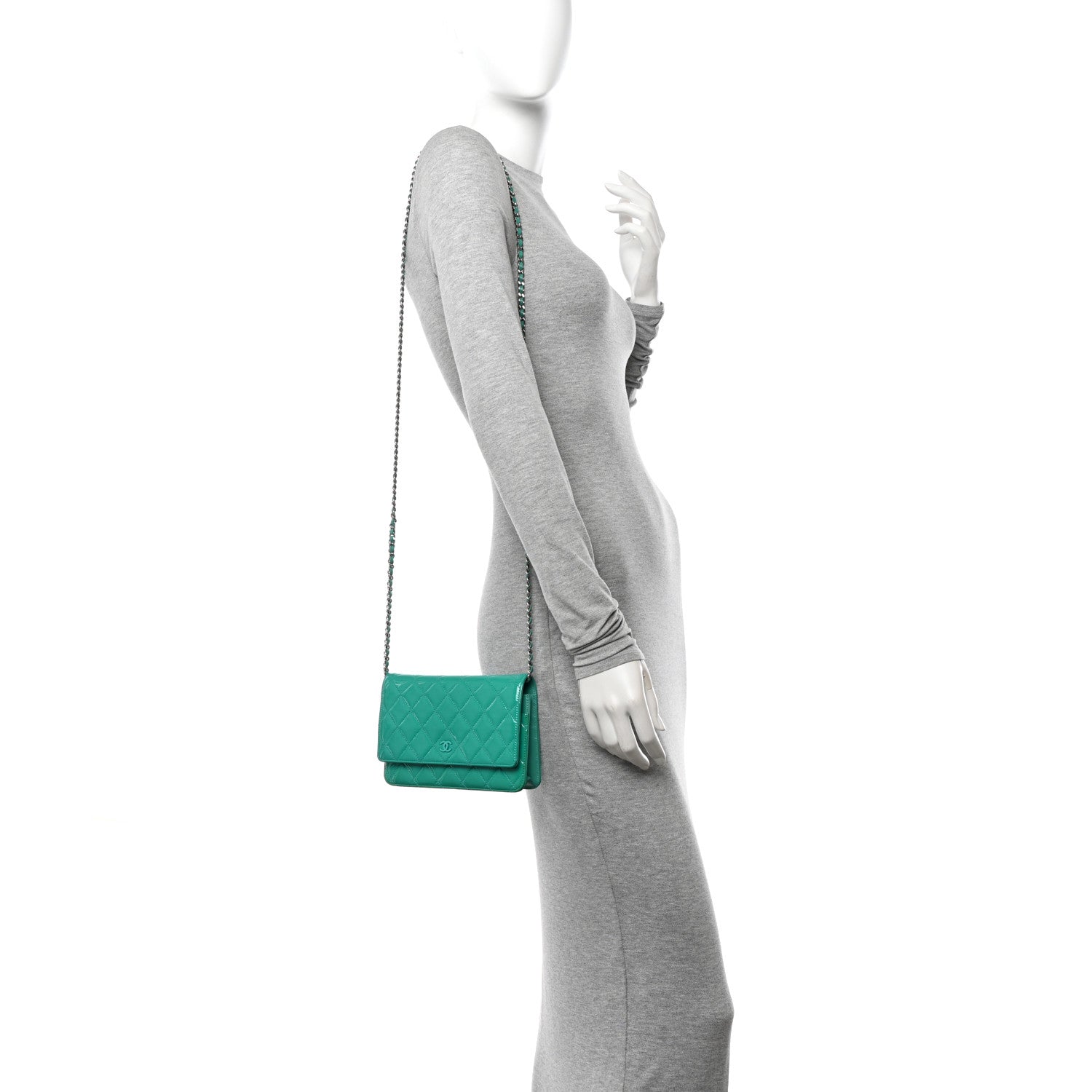 Chanel Patent Quilted Wallet On Chain WOC Green 2 of 12
