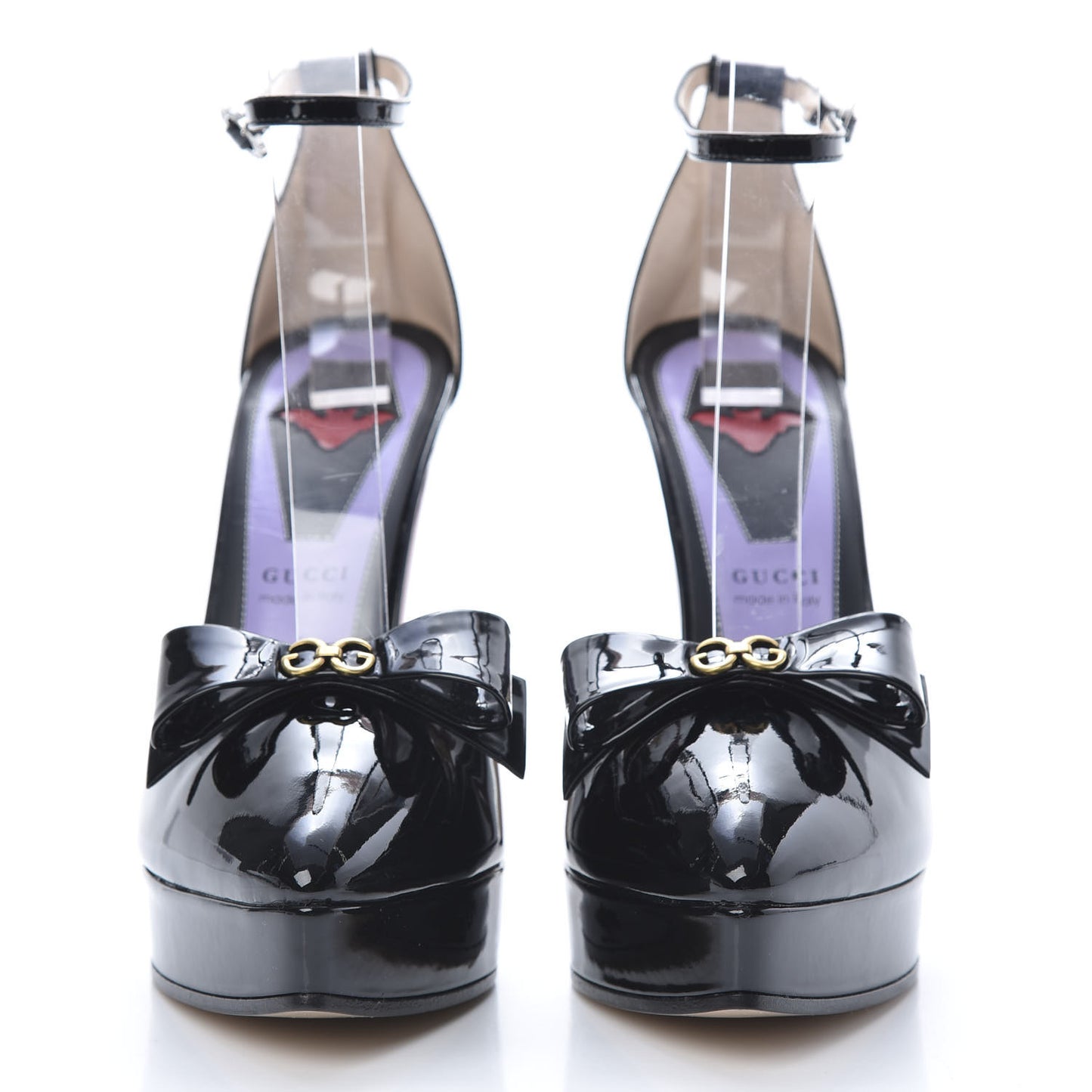 Patent Crystal GG Bow Sadie Spike Ankle Strap d'Orsay Platform High Heel Pumps 38 Black