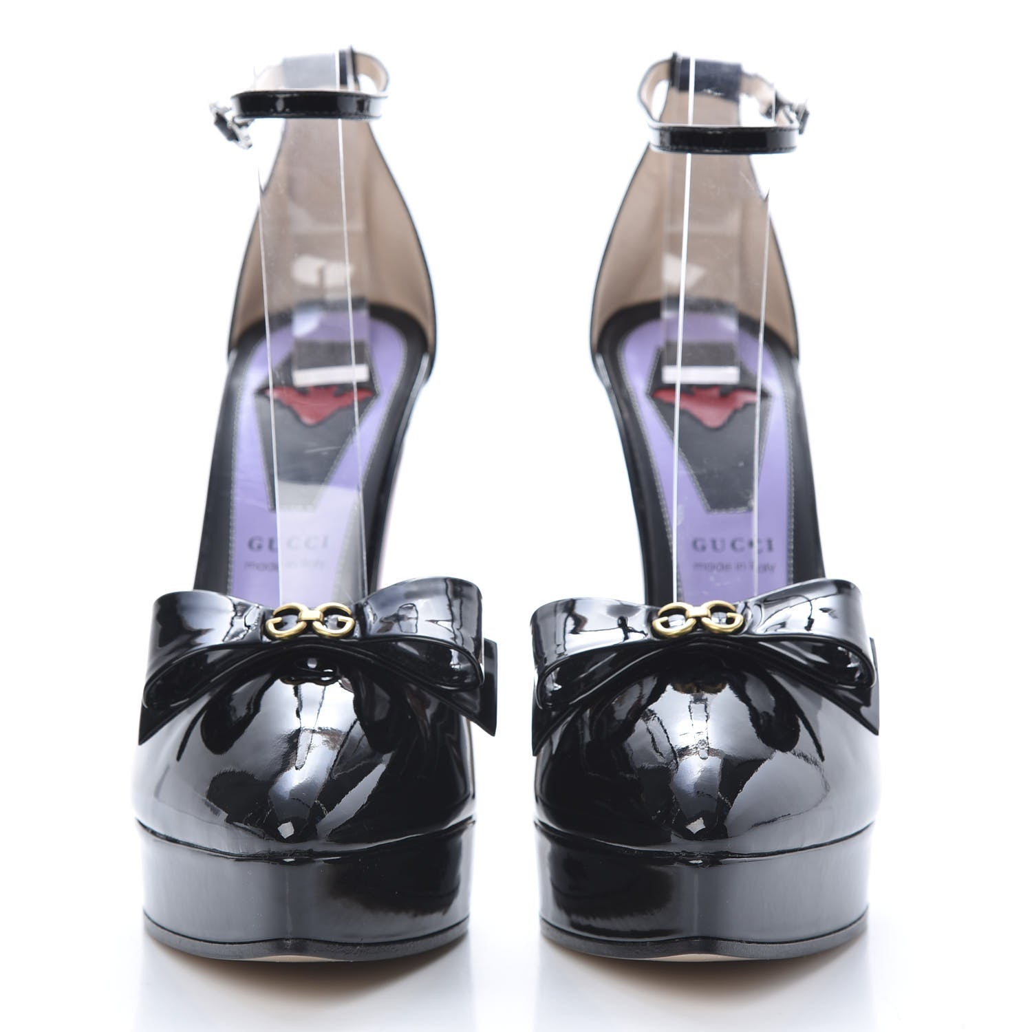 Gucci Patent Crystal GG Bow Sadie Spike Ankle Strap d'Orsay Platform High Heel Pumps 38 Black 2 of 8