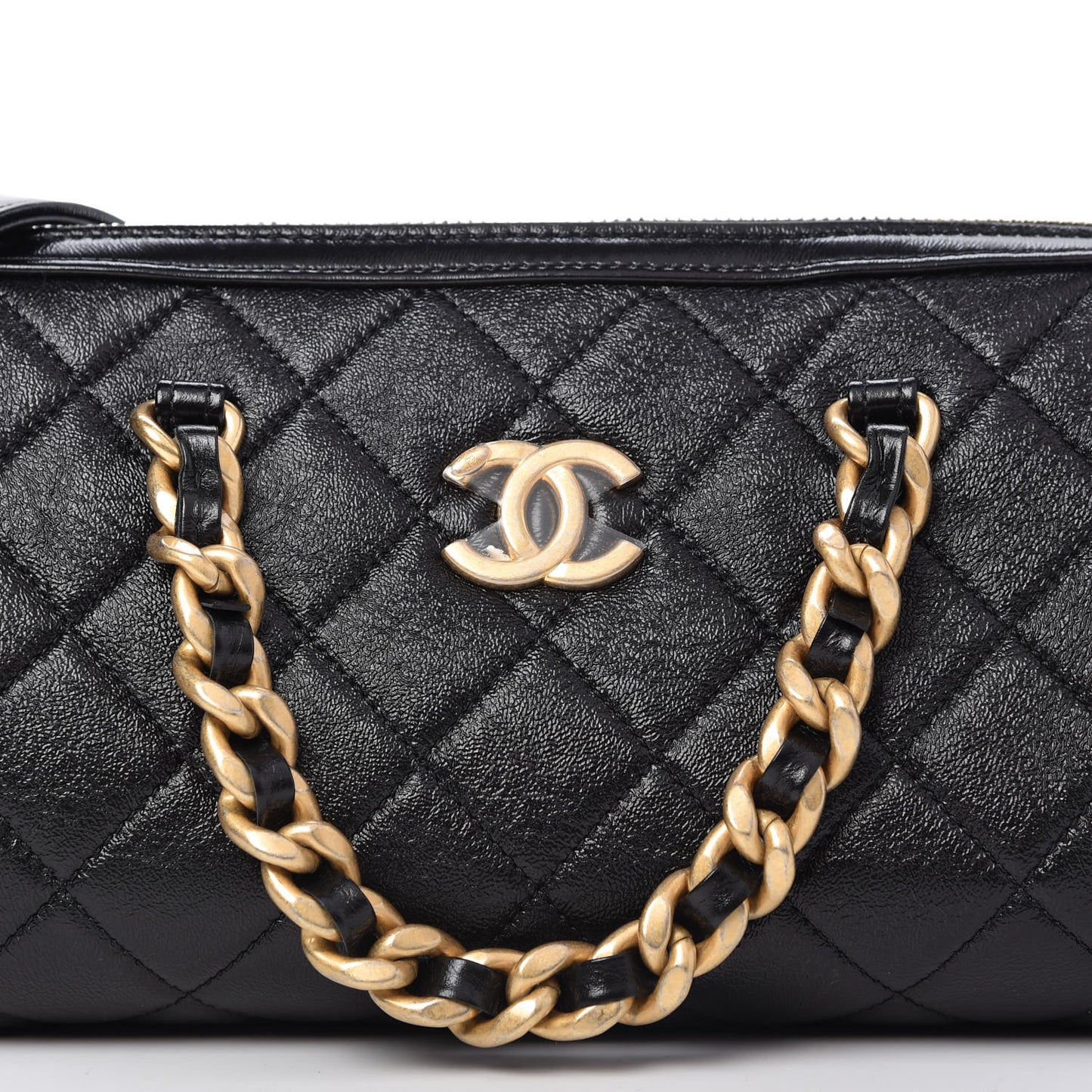 Shiny Lambskin Quilted Fashion Therapy Bowling Bag Black