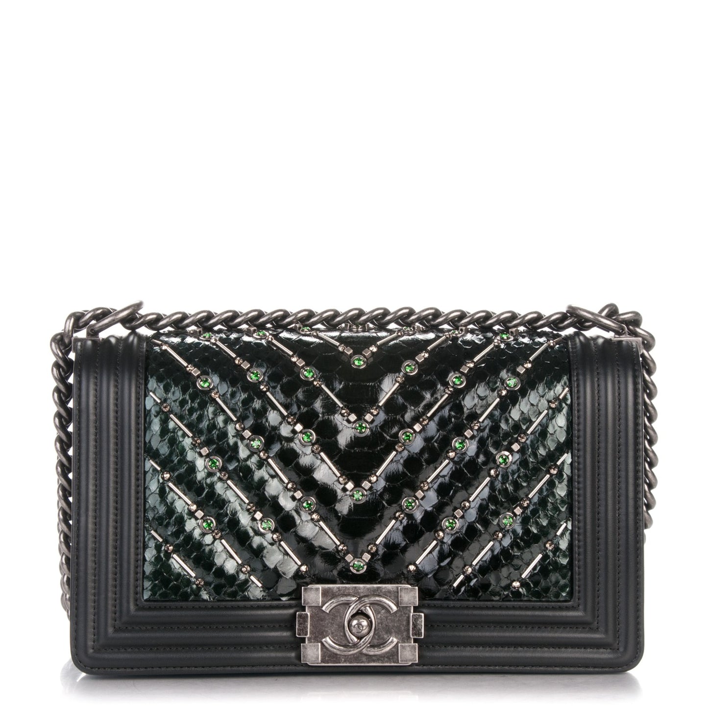 Lambskin Embroidered Python Chevron Medium Boy Flap Black Green