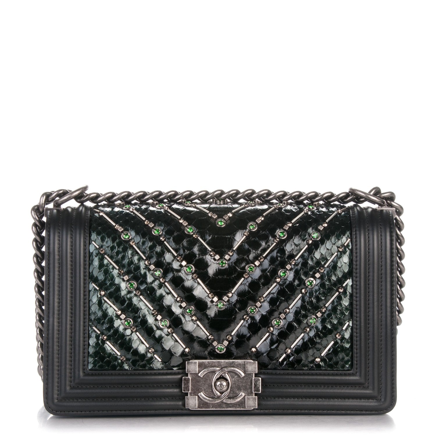 Chanel Lambskin Embroidered Python Chevron Medium Boy Flap Black Green 1 of 9