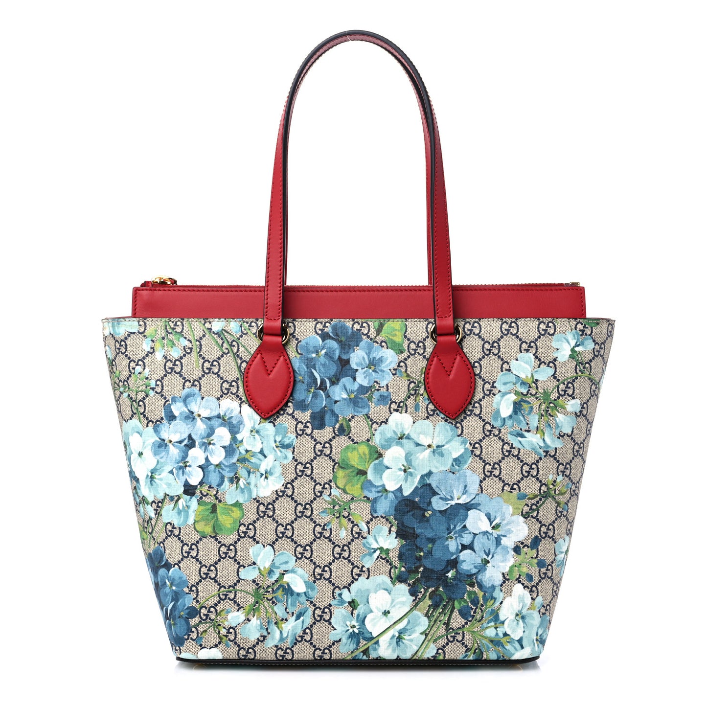 GG Supreme Monogram Blooms Medium Zippered Bucket Tote Beige Blue Navy Hibiscus Red