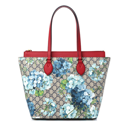 Gucci GG Supreme Monogram Blooms Medium Zippered Bucket Tote Beige Blue Navy Hibiscus Red 1 of 8