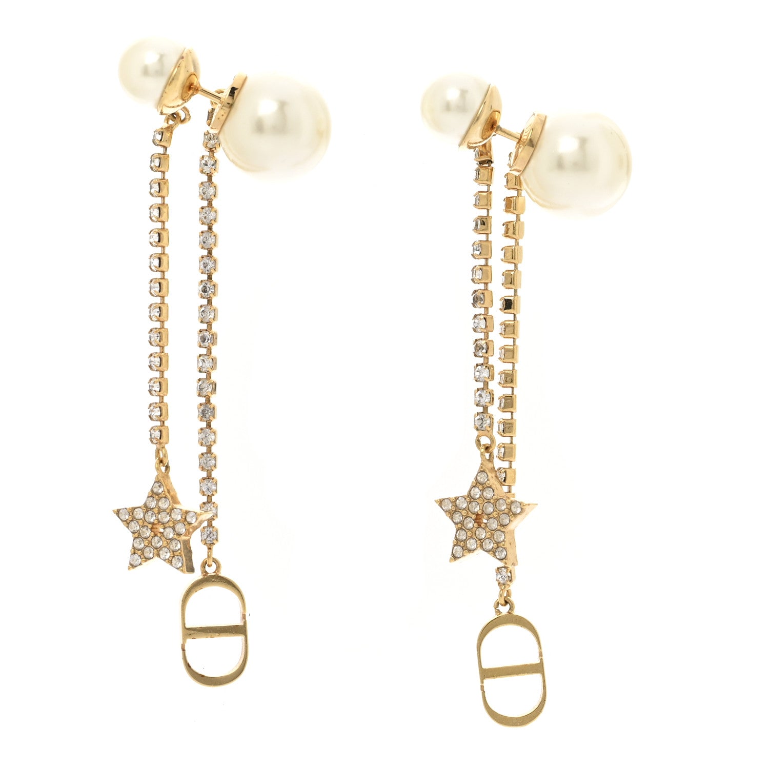 Christian Dior Pearl Crystal Star Tribale Dangle Chain Earrings Gold 1 of 4