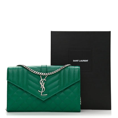 Saint Laurent Grain De Poudre Mixed Matelasse Triquilt Monogram Chain Wallet Green Field 9 of 9