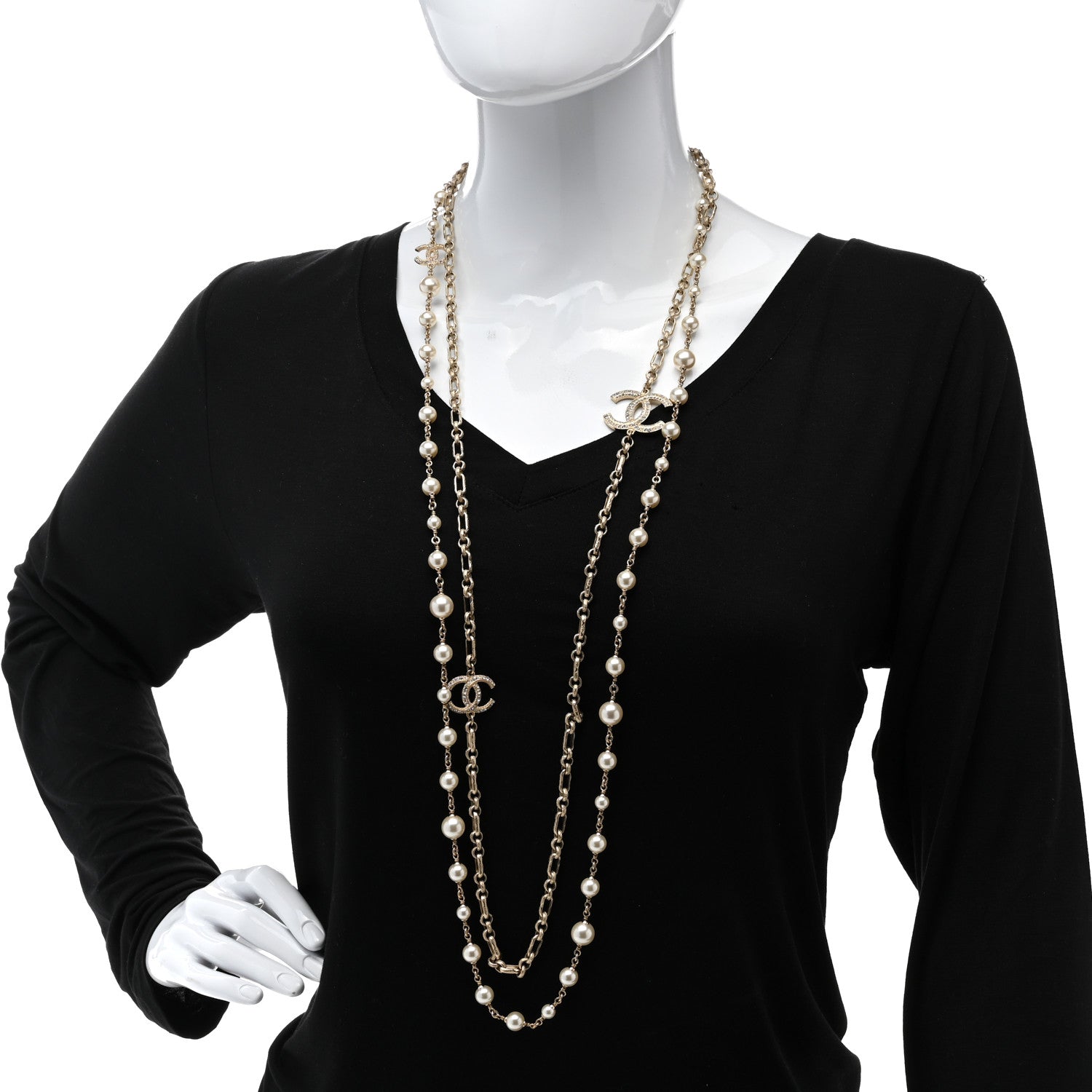 Chanel Crystal Pearl CC Long Necklace Silver 2 of 5