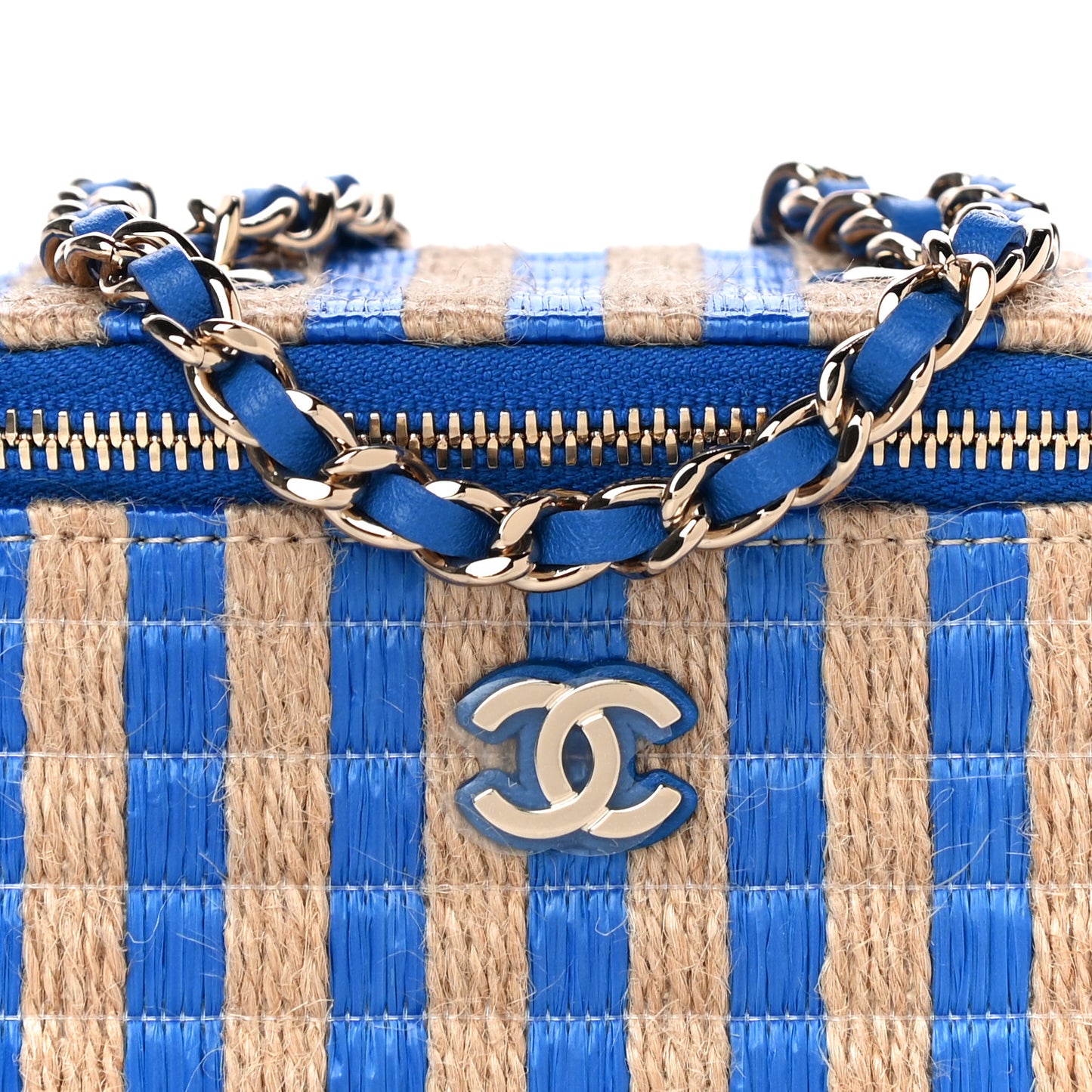 Raffia Jute Striped Mini Vanity Case With Chain Blue Beige