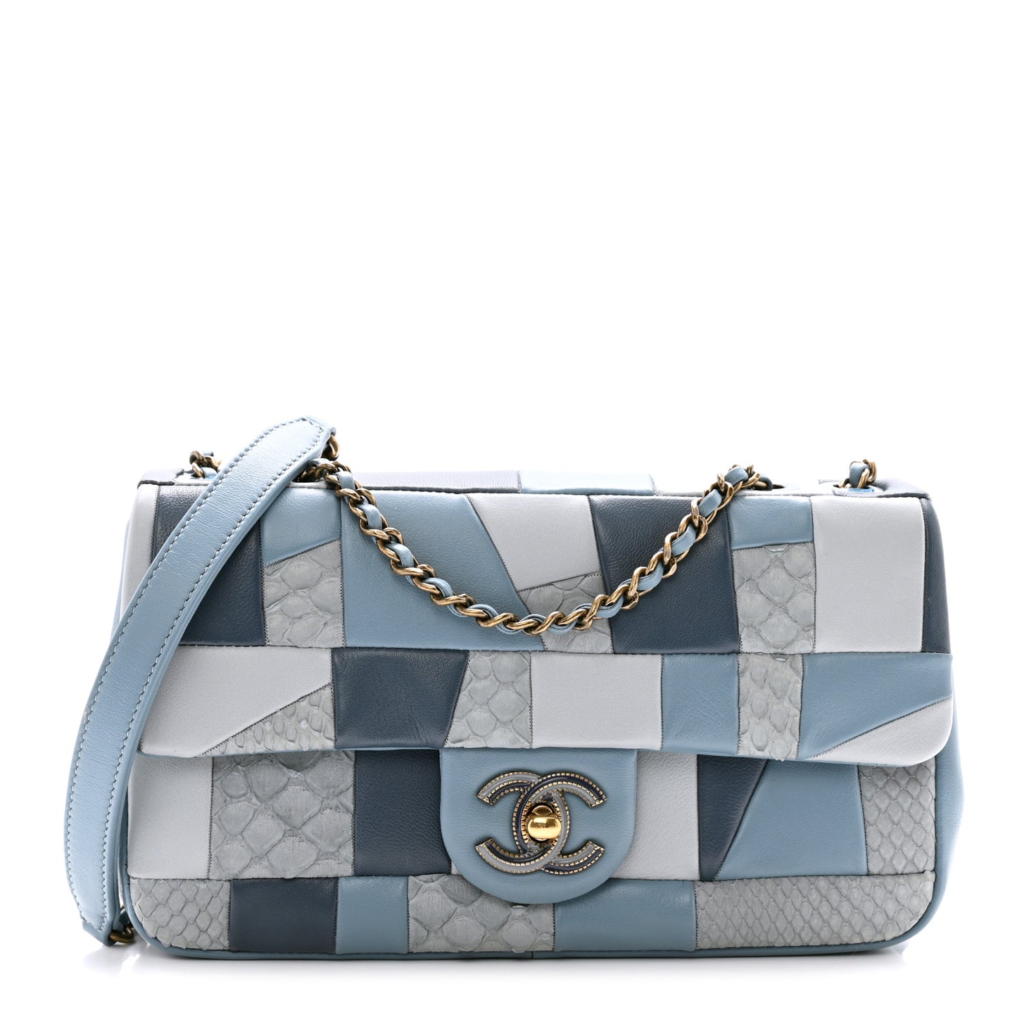 Snakeskin Lambskin Patchwork Small Flap Blue