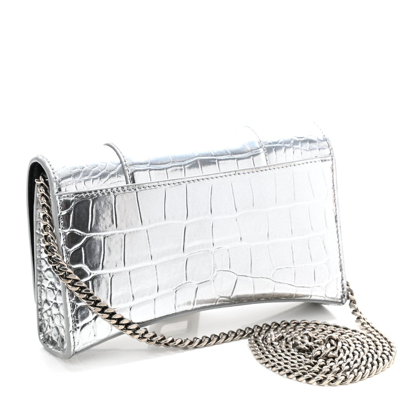 Metallic Calfskin Crocodile Embossed Hourglass Chain Bag Silver