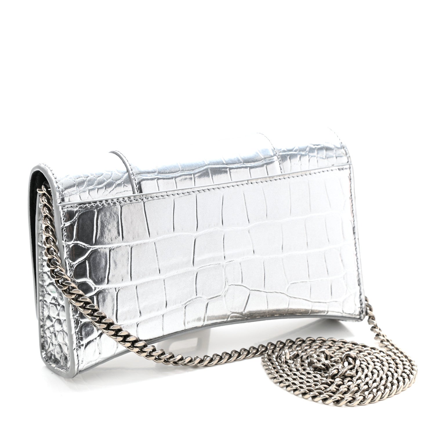 Balenciaga Metallic Calfskin Crocodile Embossed Hourglass Chain Bag Silver 3 of 9