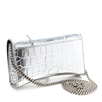 Balenciaga Metallic Calfskin Crocodile Embossed Hourglass Chain Bag Silver 3 of 9