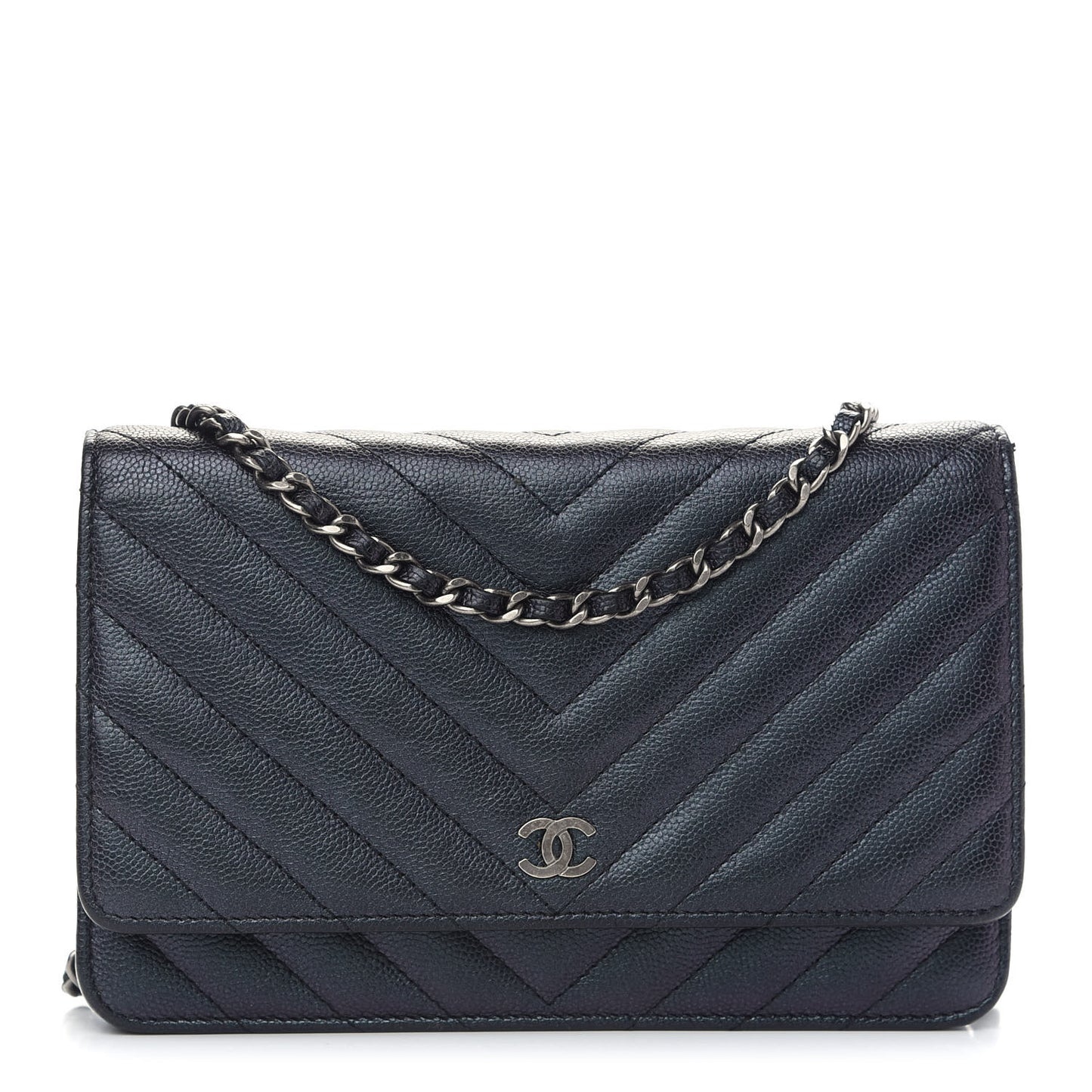 Iridescent Caviar Chevron Quilted Wallet On Chain WOC Black