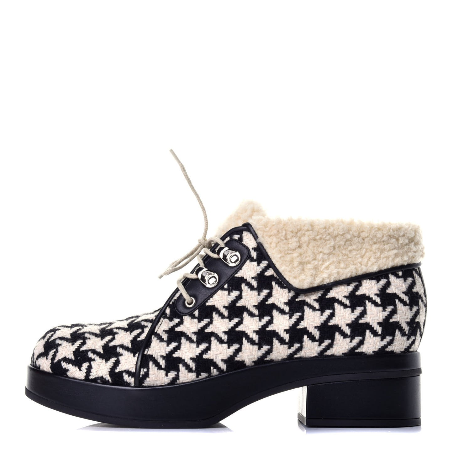 Optical Tweed Faux Shearling Houndstooth Victor Lace Up Ankle Boots 39.5 White Black
