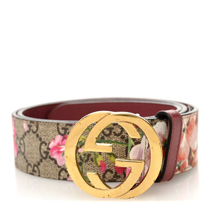 Gucci GG Supreme Monogram Blooms Moon Calfskin Interlocking G 37mm Belt 85 34 Beige Ebony Multicolor Dry Rose 1 of 5