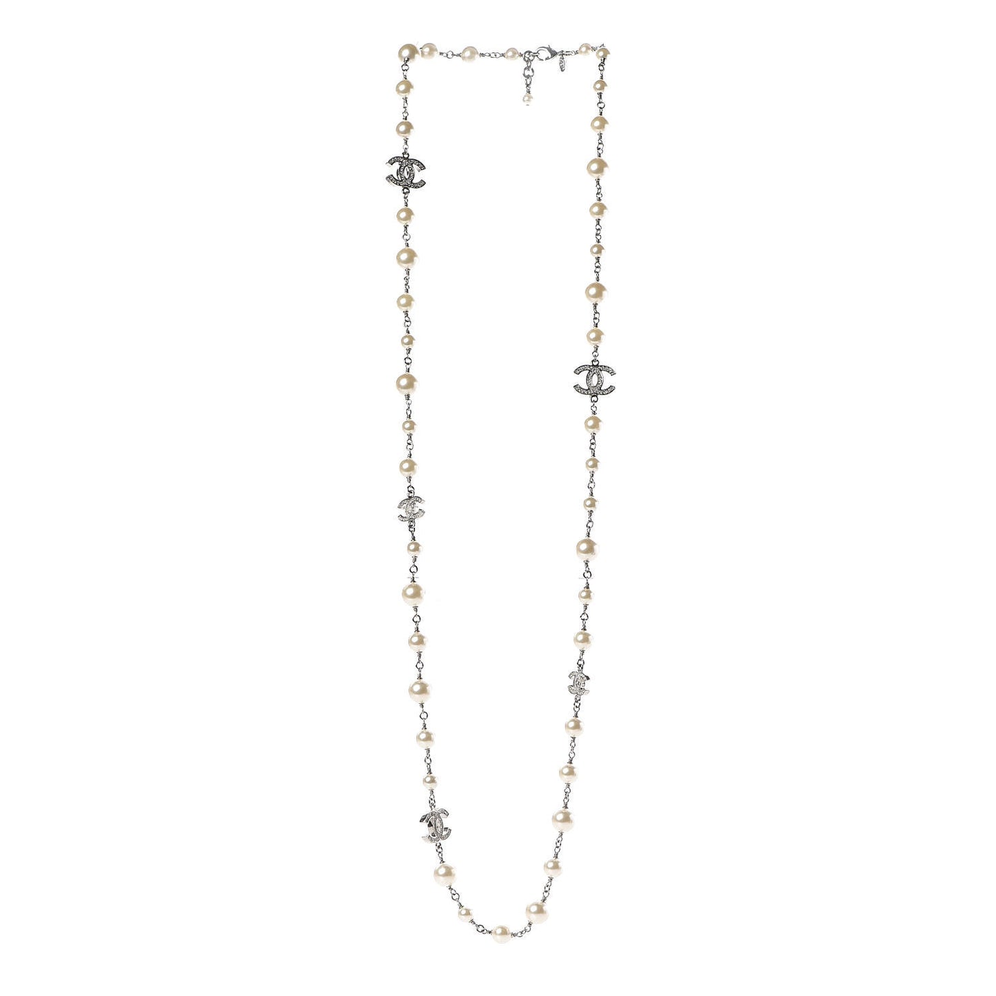Crystal Pearl CC Long Necklace Silver