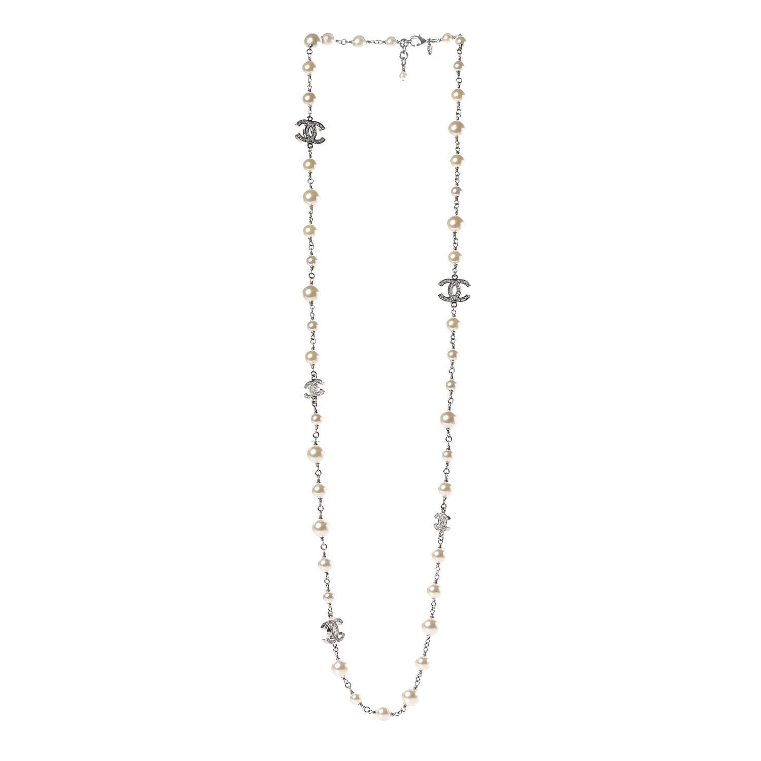 Chanel Crystal Pearl CC Long Necklace Silver 3 of 6