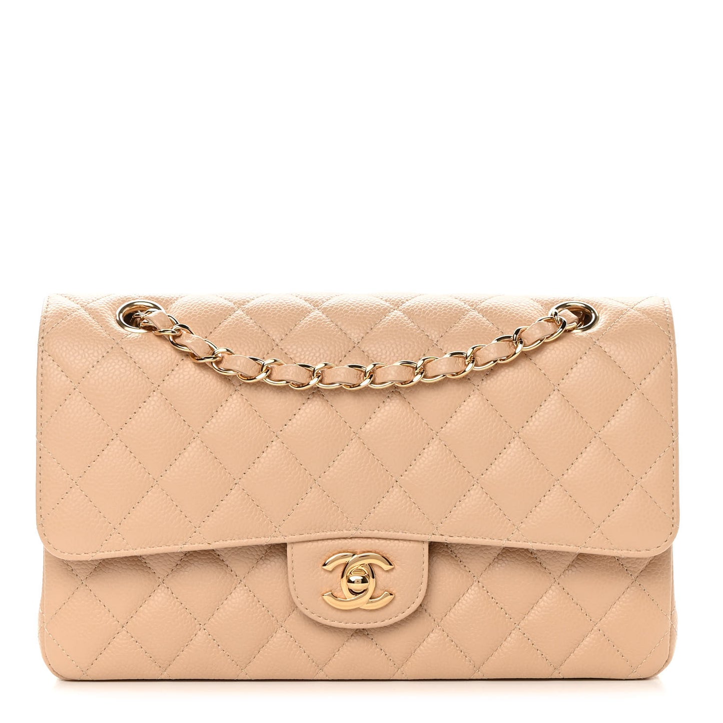 Caviar Quilted Medium Double Flap Beige