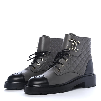 Chanel Shiny Lambskin Quilted Lace Up Combat Boots 38 Grey Black 3 of 5