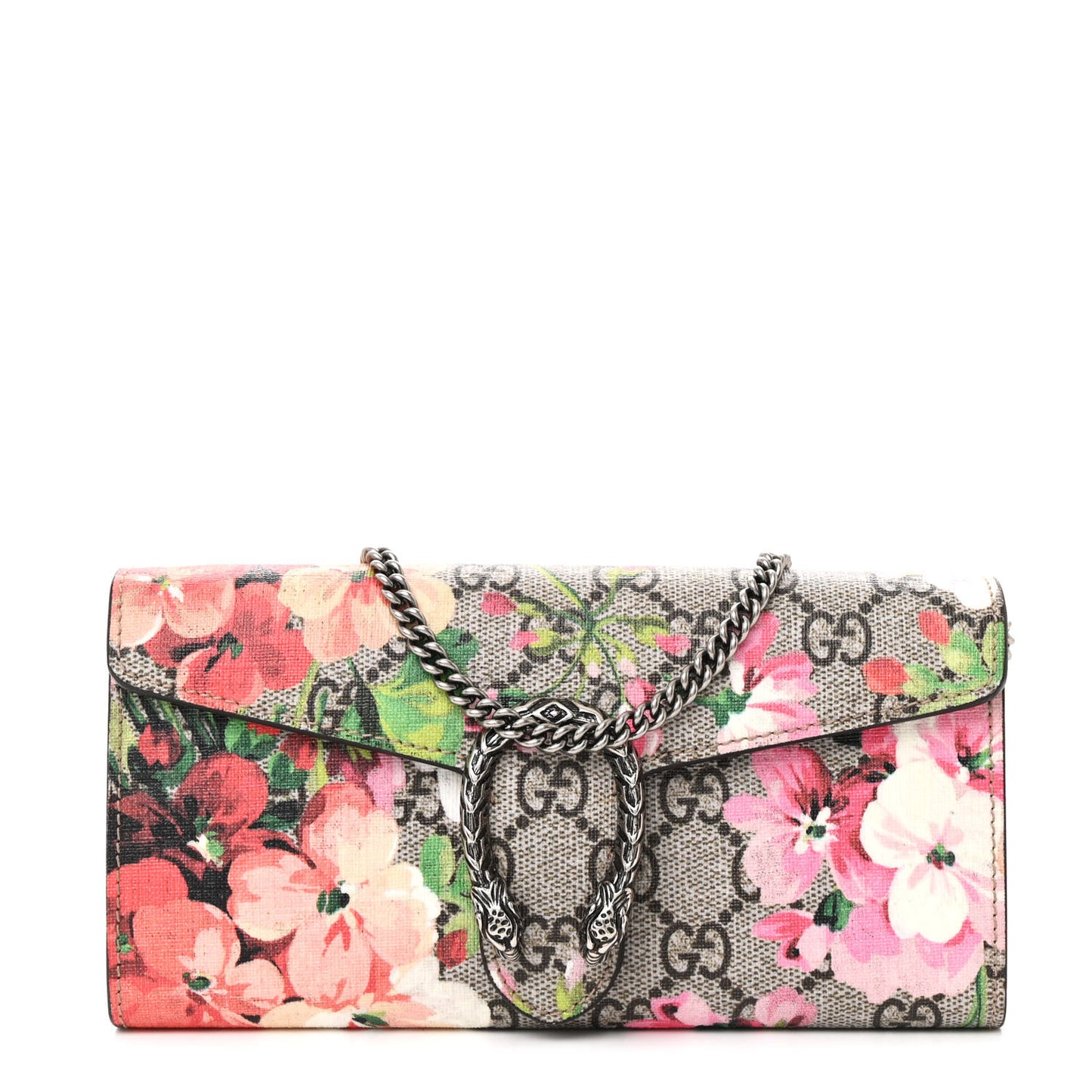 GG Supreme Monogram Blooms Dionysus Chain Clutch Wallet Beige Multicolor Dry Rose