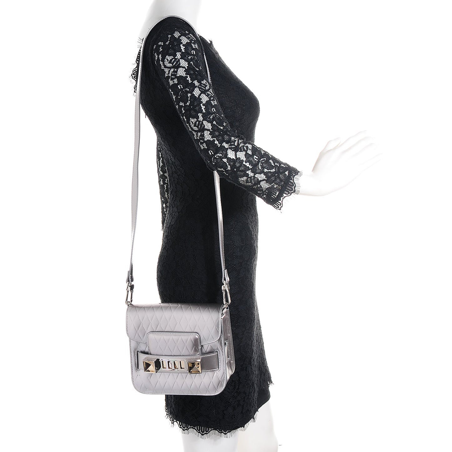 Diamond Embossed Patent Mini PS11 Classic Shoulder Bag Silver