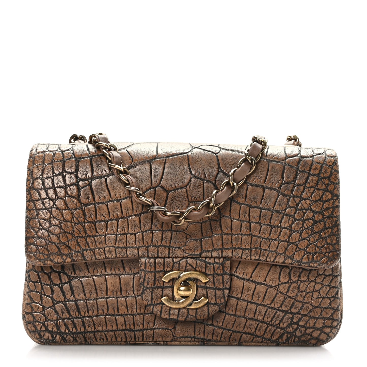 Calfskin Crocodile Embossed Cocodile Rectangular Mini Flap Brown