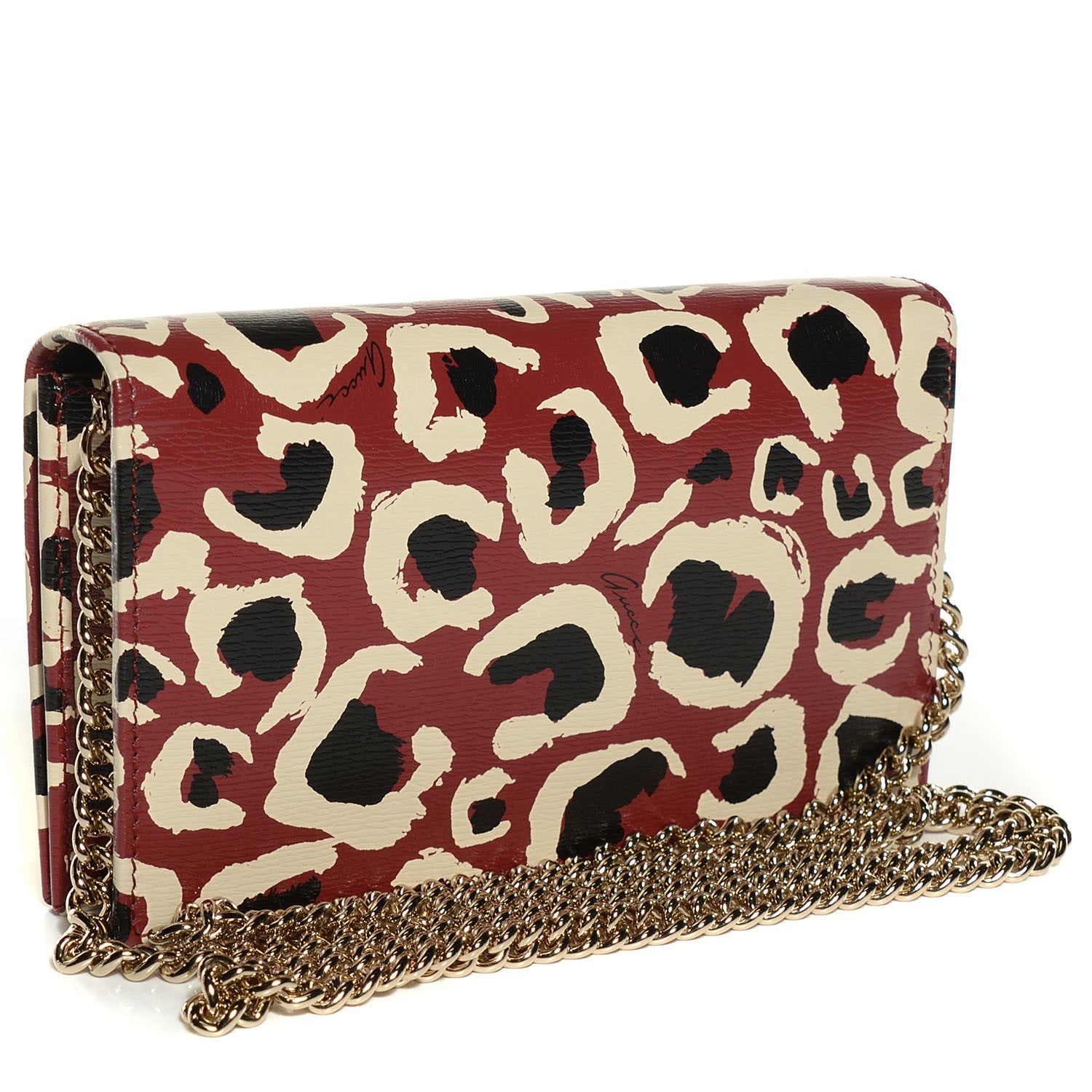 Gucci Patent Leopard Print Betty Chain Wallet Brick Red Black 2 of 6