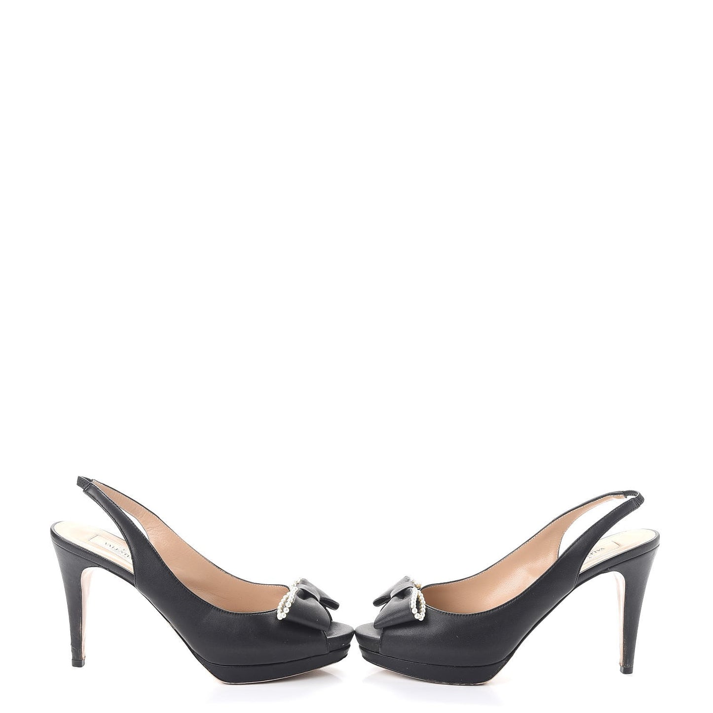 Nappa Pearl Bow Peep Toe Slingback Pumps 38.5 Black