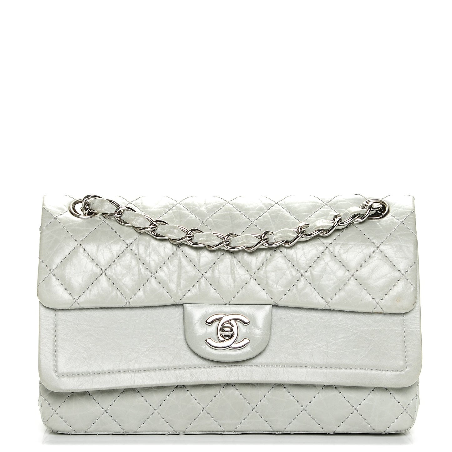 Aged Calfskin Quilted Medium Double Flap Light Green