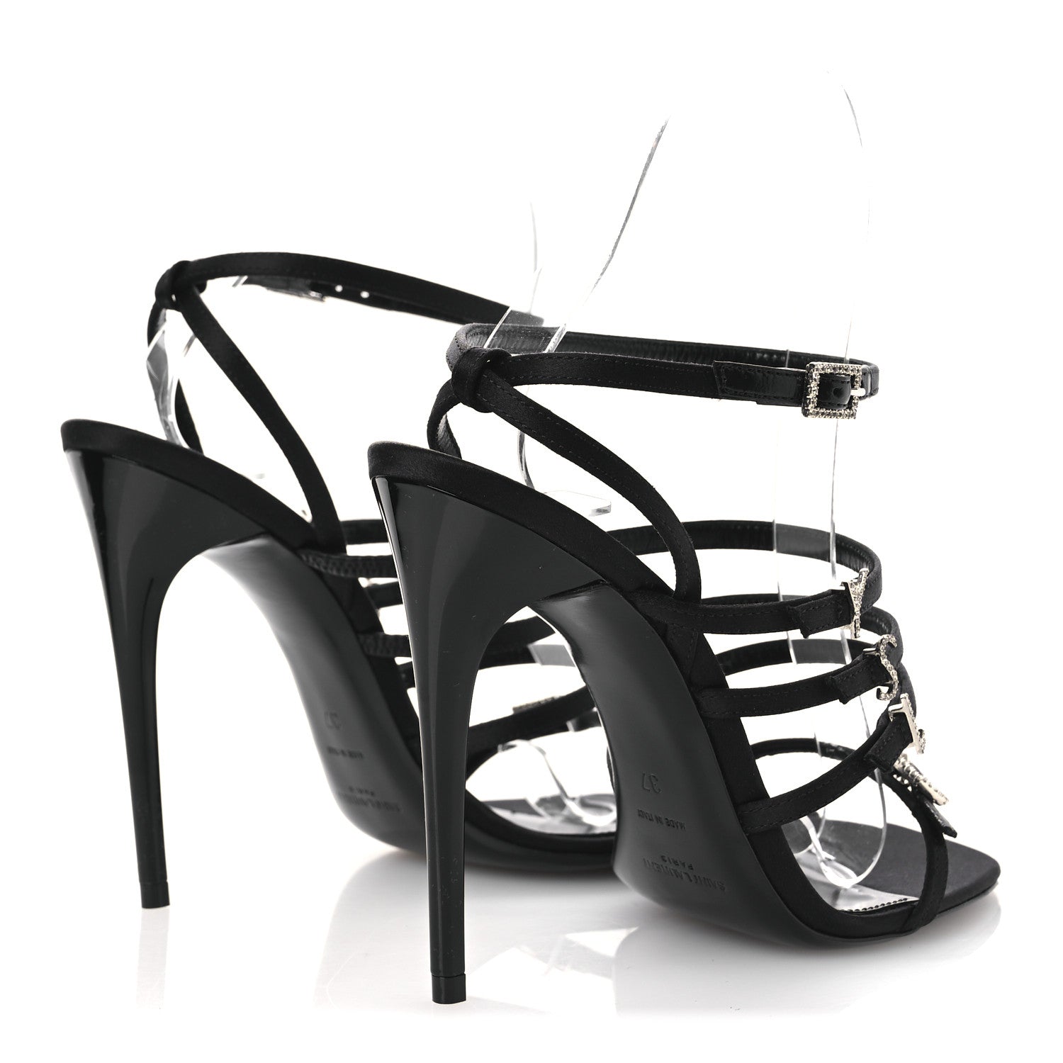 Saint Laurent Crepe Satin Crystal Logo Jerry 110 Ankle Strap Sandals 37 Black 5 of 11