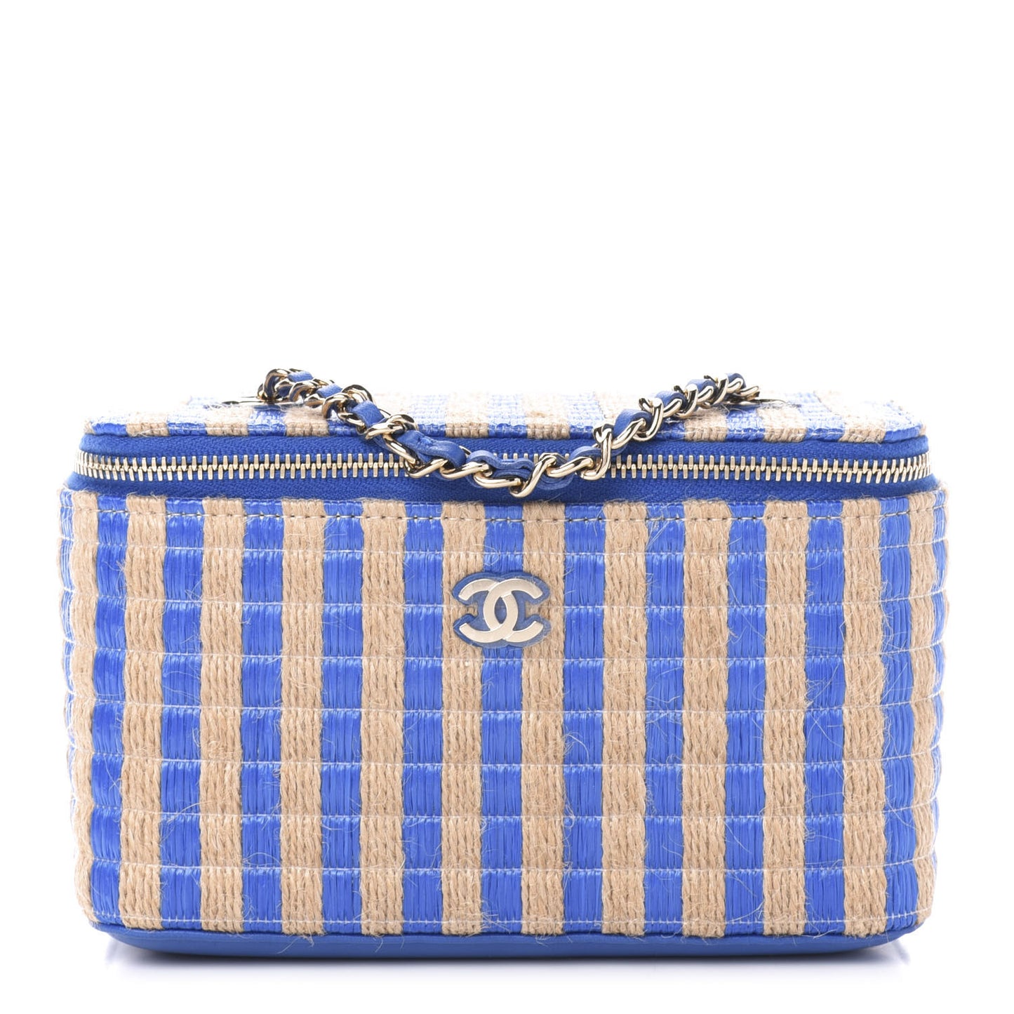 Raffia Jute Striped Small Vanity Case With Chain Blue Beige