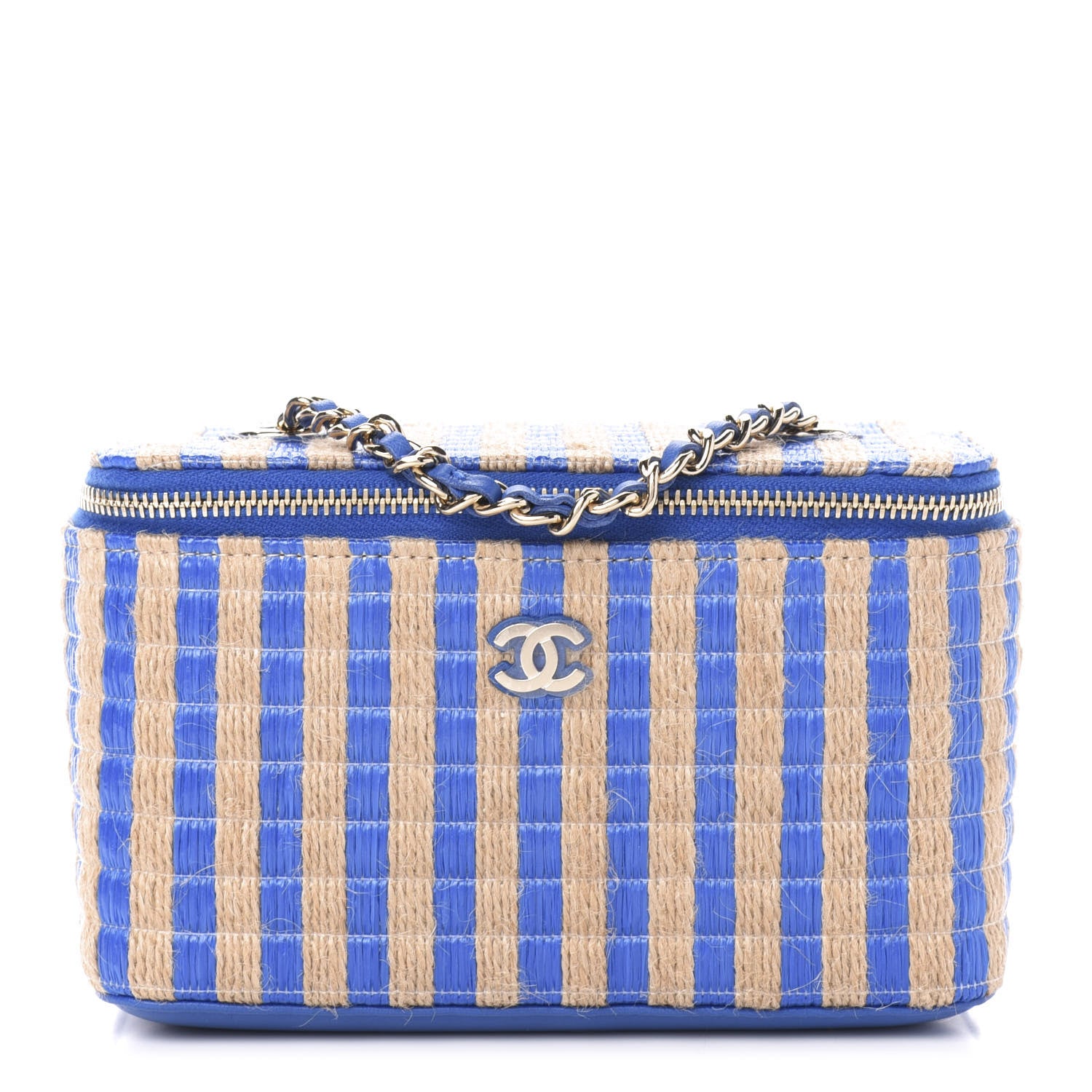Chanel Raffia Jute Striped Small Vanity Case With Chain Blue Beige 1 of 11