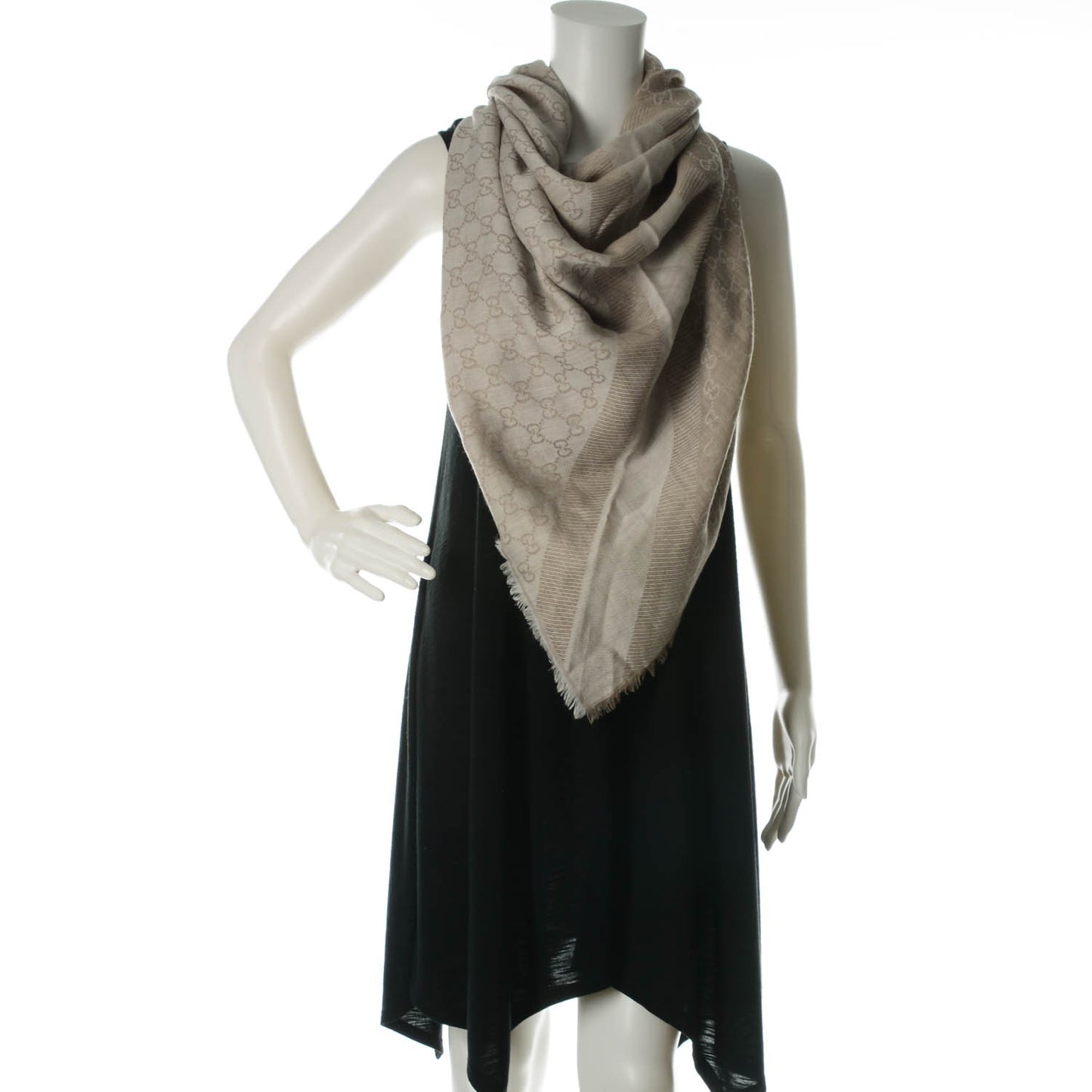 Wool Silk Monogram GGWeb Fringe Shawl Golden Beige