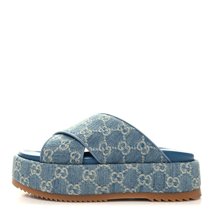 Gucci New Denim GG Monogram Angelina Platform 55mm Slide Sandals 38.5 Blue 1 of 8
