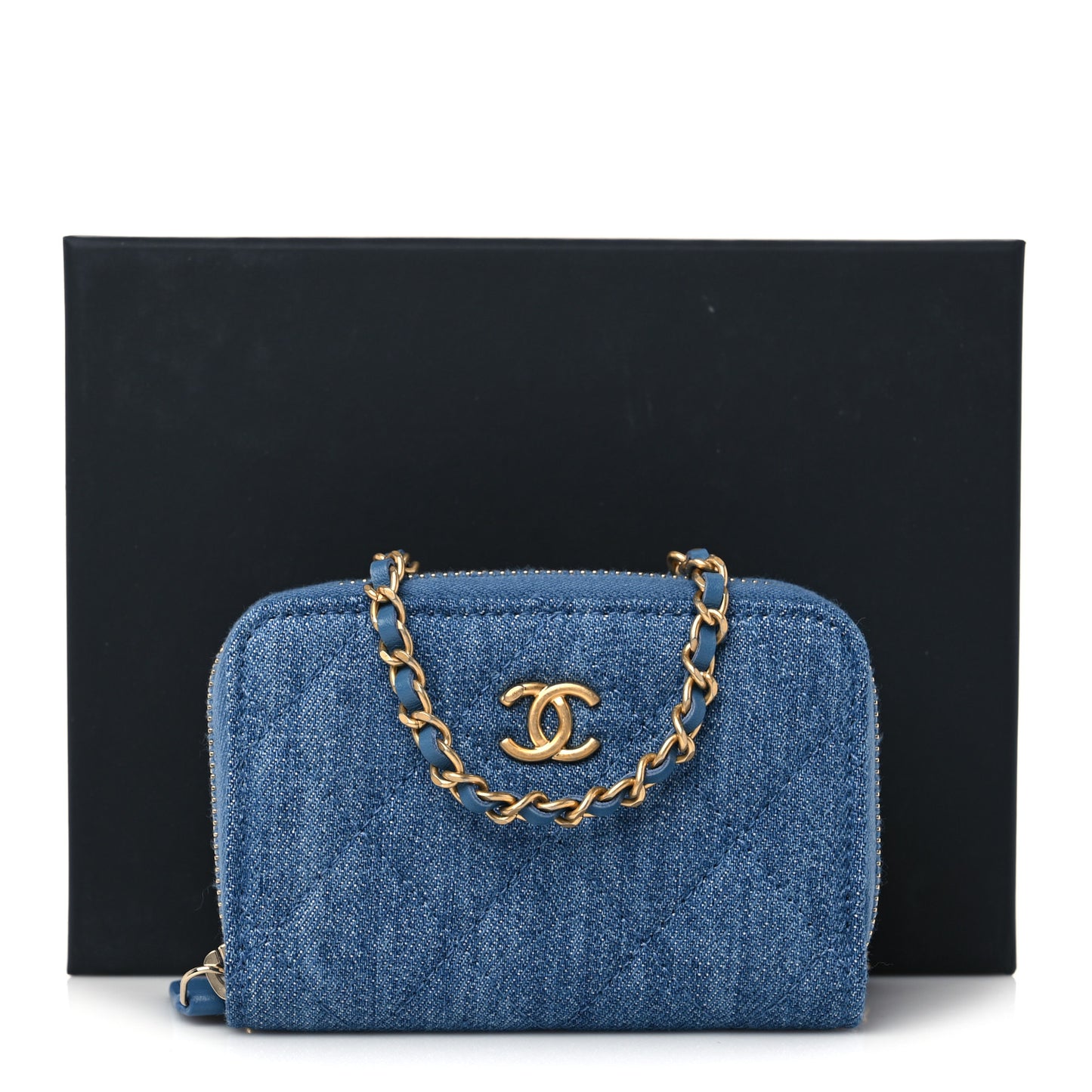 Denim Quilted CC Pearl Crush Zip Card Holder On Chain Blue