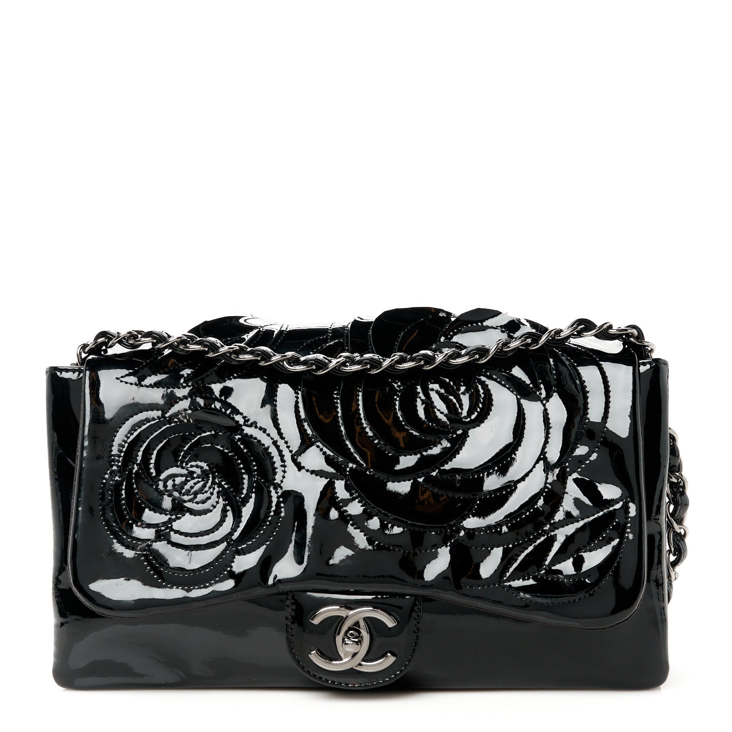 Patent Tweed Camellia Petals Large Flap Black