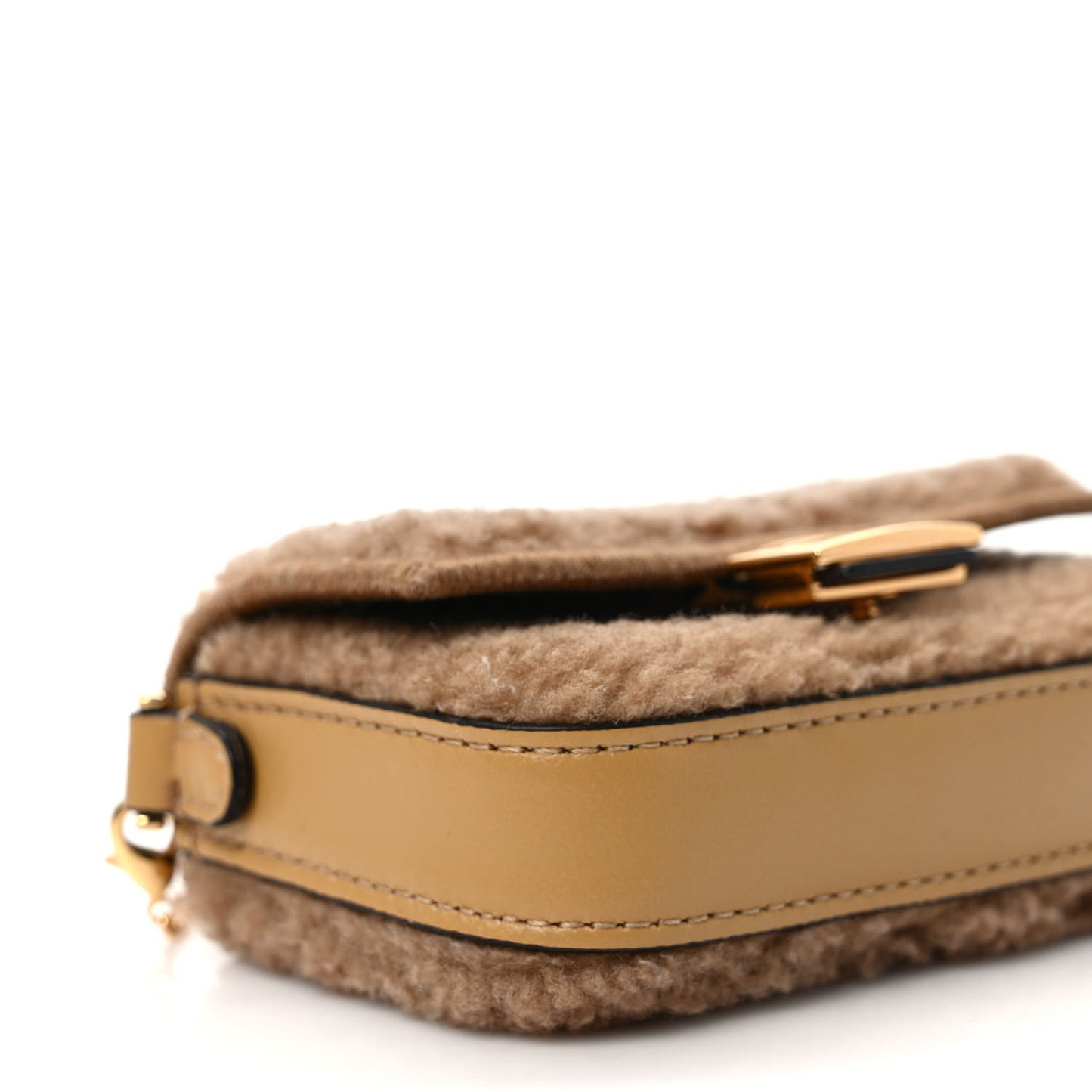 Curly Shearling Shiny Nappa Nano Baguette Charm Camel