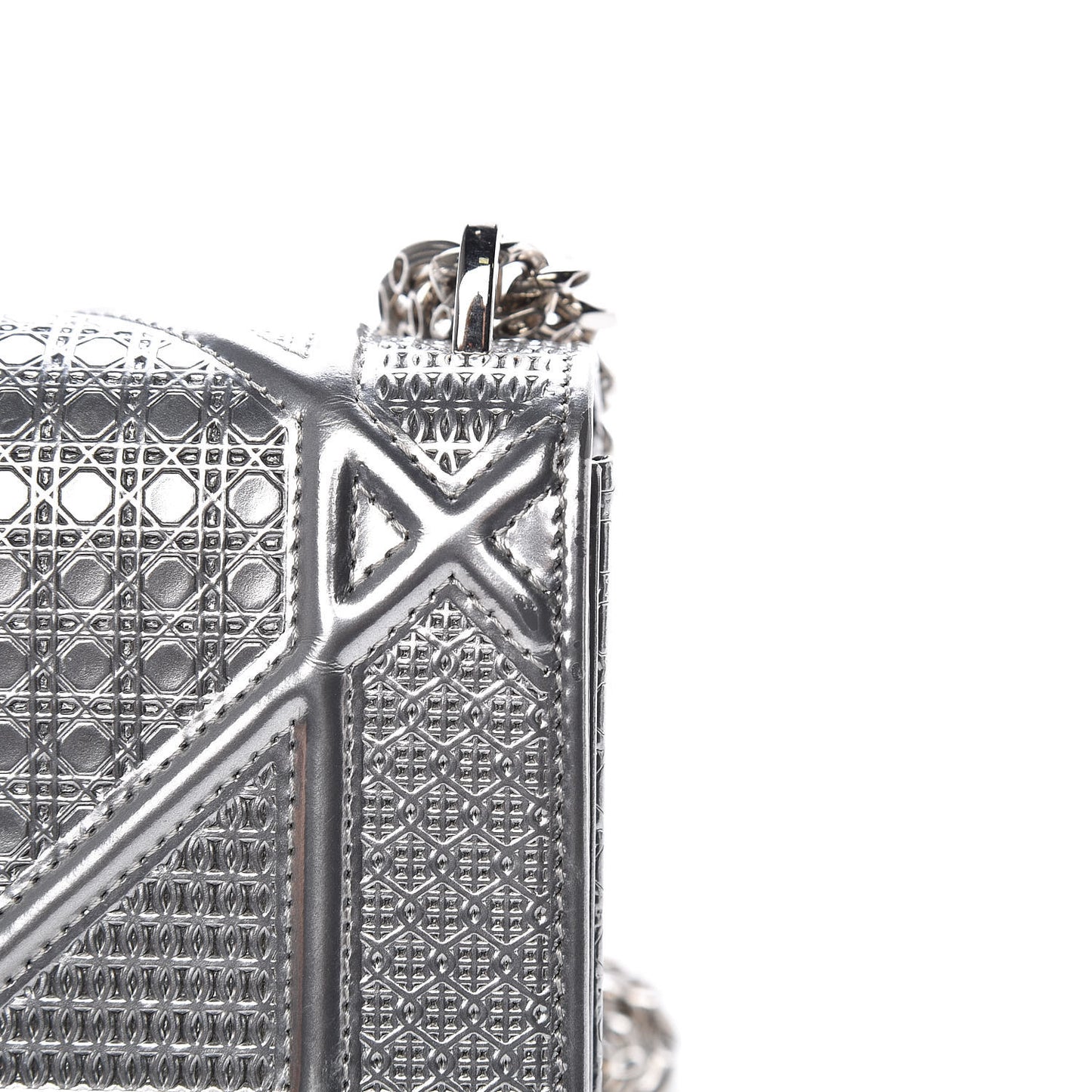 Metallic Patent Micro-Cannage Baby Diorama Flap Bag Silver