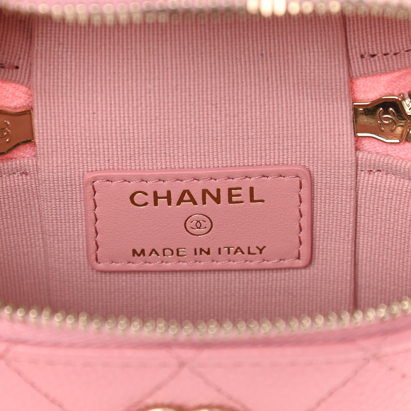 Caviar Quilted Small Handle With Care Vanity Case With Chain Pink