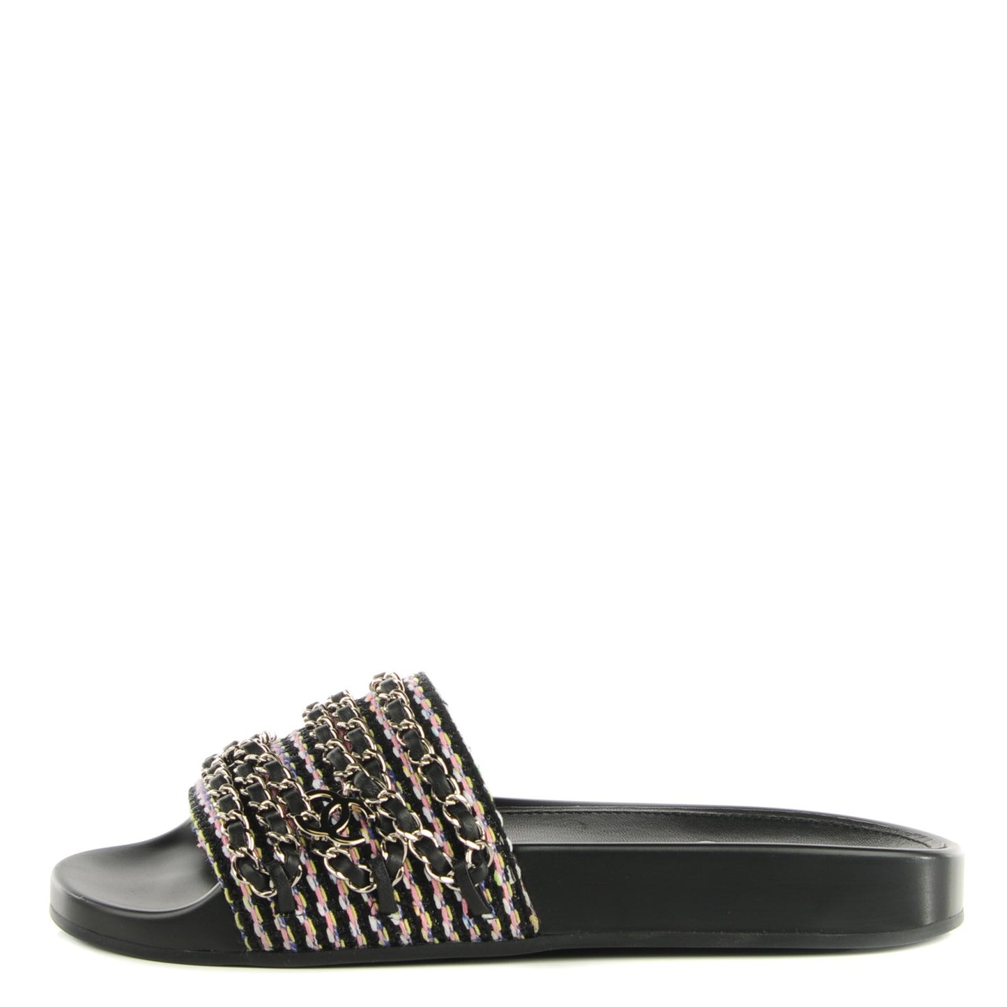 Tweed Lambskin Chain Flat Mules 37 Black Multicolor