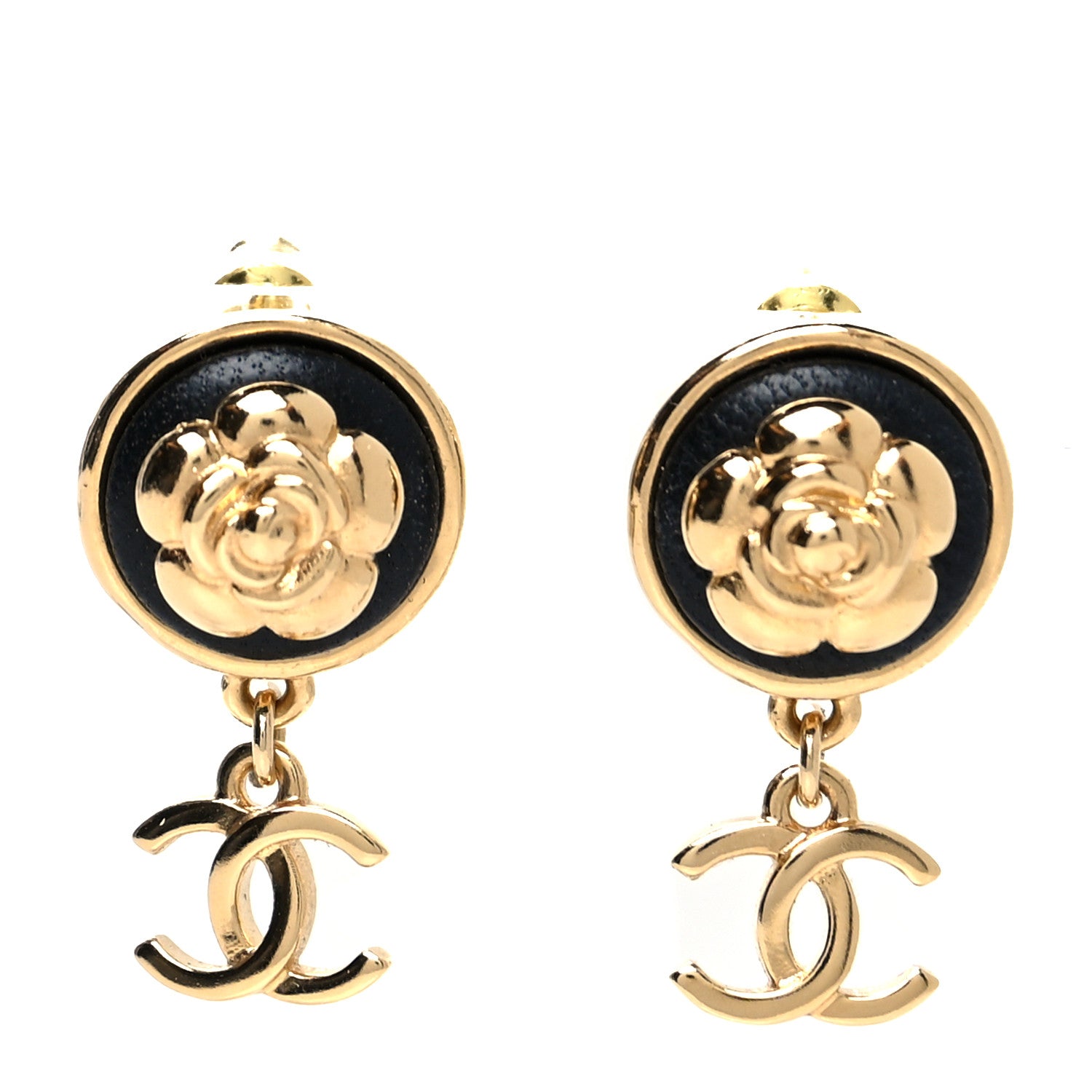 Chanel Metal Lambskin Camellia CC Drop Earrings Gold Black 1 of 4