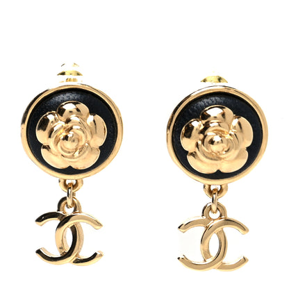Chanel Metal Lambskin Camellia CC Drop Earrings Gold Black 1 of 4