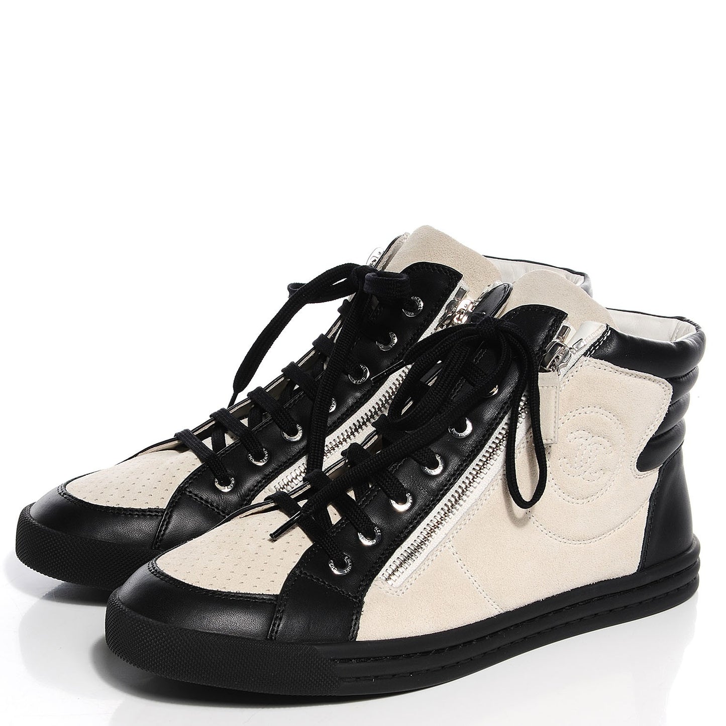 Suede Calfskin Zipped Sneakers 40.5 Beige Clair Black