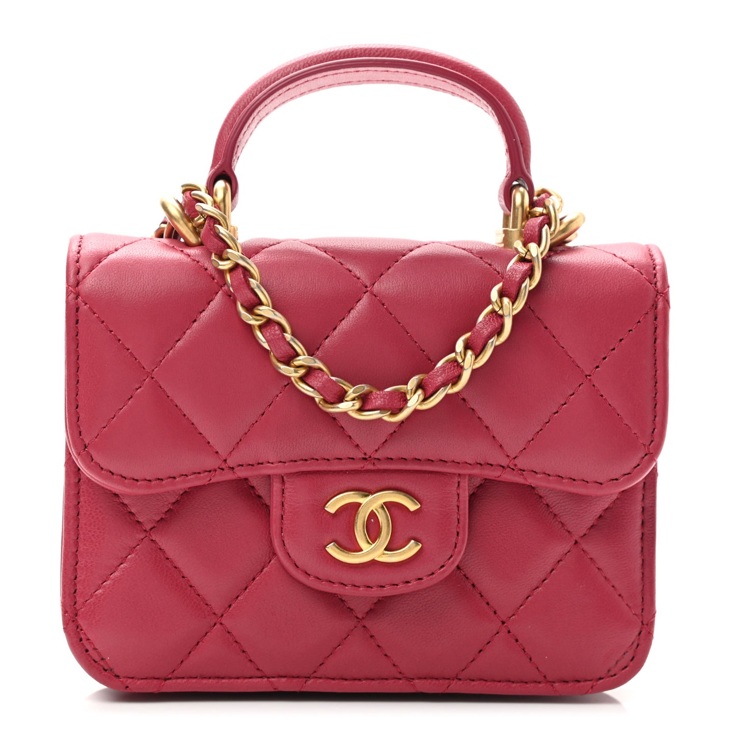 Lambskin Quilted Top Handle Flap Coin Purse With Chain Dark Pink